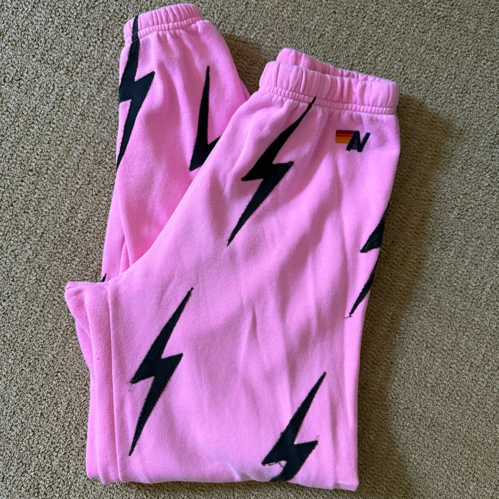 Aviator Nation Pink Joggers with Black Lightning Bolts